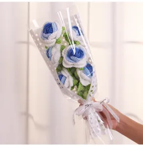 Handmade crochet blue and white rose bouquet knitted artificial flowers gift for Valentine