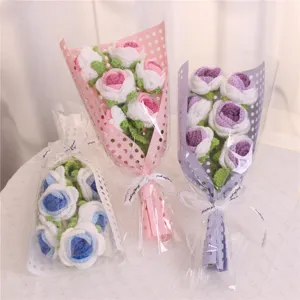 Handmade crochet rose bouquet finished gift, cute knitted flower with wrapping paper and ribbon.