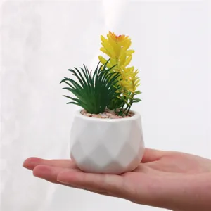 Pequeña planta suculenta artificial en maceta de cerámica geométrica blanca interior.