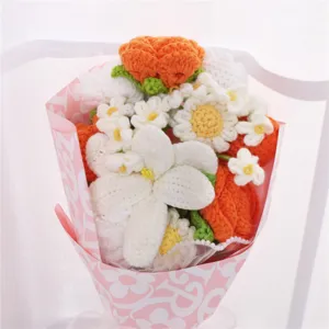 Handmade crochet flower bouquet knitted rose daisy gift for mothers day teachers day pink