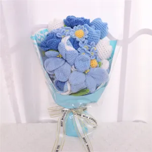 Handmade crochet blue flower bouquet, elegant yarn rose gift for Mother's Day and parties.