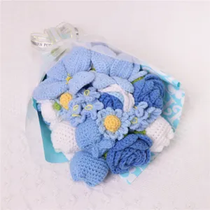 Handcrafted crochet blue flower bouquet, handmade knitted artificial rose gift for special occasions.
