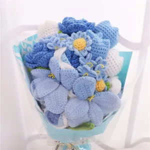 Handmade crochet flower bouquet, artificial blue roses and daisies, perfect gift for special days.