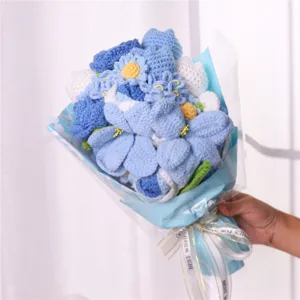 Handmade crochet blue flower bouquet, beautiful artificial knitted rose gift for festivals.