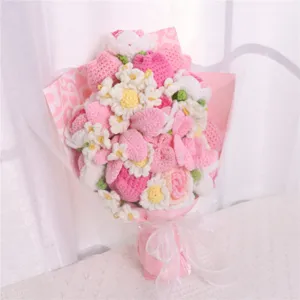 Handcrafted crochet flower bouquet pink handmade knitted roses daisies gift for women