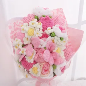 Handmade crochet flower bouquet pink rose daisy knitted gift for mother teacher day party