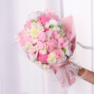 Handmade crochet flower bouquet pink rose knitted floral gift for mother teacher festival