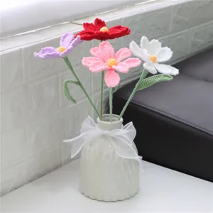 Handmade crochet flower bouquet in ceramic vase, beautiful artificial cosmos gift decor.