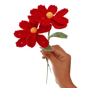 Handmade crochet red flower bouquet, knitted yarn cosmos flowers with green stems for gift.