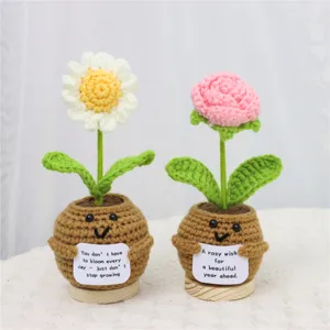 Handgemachte Häkelblumen im Topf mit süßem Gesicht, Inspirationskarten und Holzsockel.