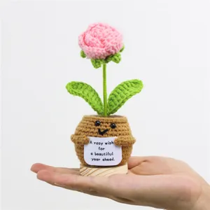 Handgemachte Häkel-Rose Topfpflanze mit süßem Gesicht Inspirationskarte und Holzbasis.
