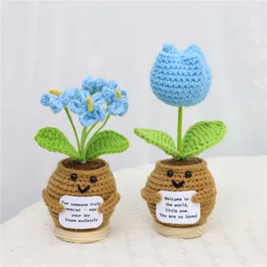 Handgemachte gehäkelte Topfblumen süße Strickpflanze mit inspirierenden Grußkarten Dekoration.