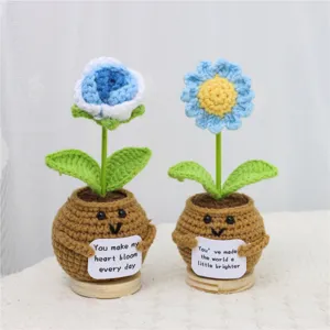 Handgefertigte Häkel-Topfblume mit inspirierender Karte, süße gestrickte Rosen und Gänseblümchen Deko.
