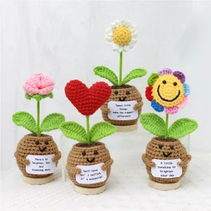 Handgemachte Häkelgarn Blumen Topfpflanze Süßer Smiley Topf Mit Holzbasis Inspirierende Karte Tischdekoration