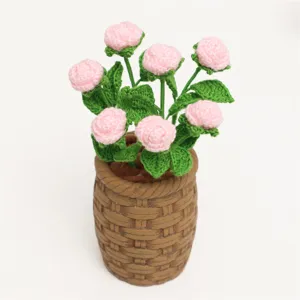 Handmade crochet pink roses potted plant delicate mini knitted flowers home decor