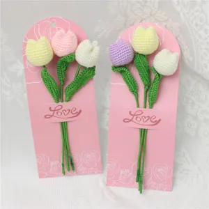 Close-up detail of mini crochet tulip bouquet on card, perfect for handmade gift and home decor.