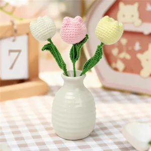 Handmade Crochet Yarn Tulip Daisy Pocket Bouquet Artificial Flower Knit Floral Home Room Decoration Gift