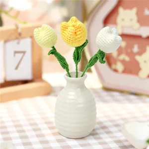 Mini crochet tulip flower bouquet handmade knitted wool flowers for home decor gift.
