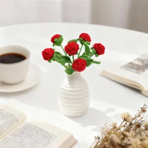 Handmade crochet mini red roses bouquet in white ceramic vase for home decor and festival.
