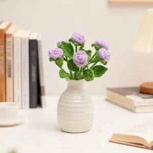Handcrafted crochet mini rose bouquet detail, delicate woven flower for festival home decor.