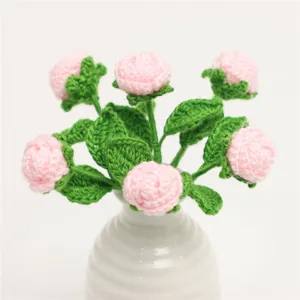 Handmade crochet mini pink rose flower bouquet potted plant for home festival decor
