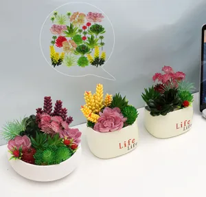 Detailed view of artificial succulent plants potted in white ceramic pots with cute design.