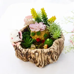 Pianta succulenta artificiale in vaso tronco d'albero con coniglio per decorazione casa