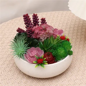 Artificial succulent potted plant with mixed colorful fake green plants in ceramic bowl main view