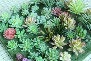 Detailed view of artificial succulent plant heads, perfect for DIY wall decor and crafts.
