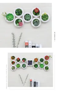 Fioriera sospesa a parete con piante succulente artificiali, decorazione geometrica.