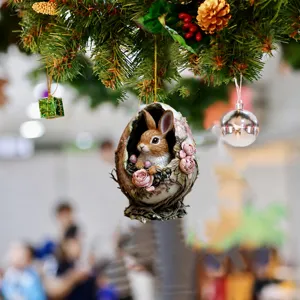 Close-up detail of cute Easter bunny in cracked egg with roses hanging ornament festive decor.