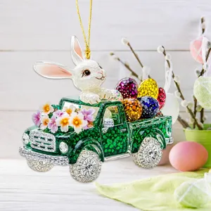 Easter crystal acrylic car hanging ornament with rabbit, flowers, and colorful eggs.