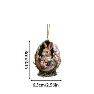 Detailed view of the Easter bunny in cracked egg ornament with pink roses and hanging cord.