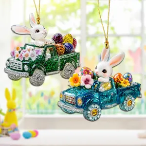 Easter Bunny Car Hanging Ornament Acrylic Flat Rhinestone Easter Egg Truck Pendant Backpack Bag Decor Gift