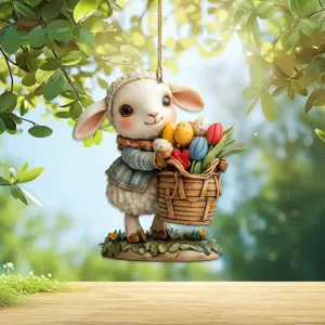 Detailed view of the cute Easter lamb keychain hanging ornament with basket of eggs.