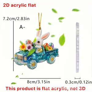 Detail view of the 2D acrylic flat Easter bunny pickup truck hanging ornament and dimensions.