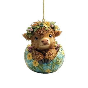 Cute Highland Cow Acrylic Hanging Ornament Easter Car Rearview Mirror Pendant Floral Decor