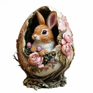 Cute Easter bunny figurine in cracked egg resin sculpture with pink roses and colored eggs.
