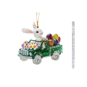 Easter bunny acrylic car hanging ornament, cute truck with colorful eggs and flower decor.