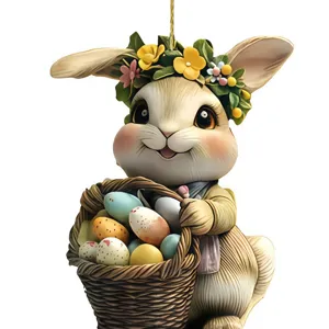 Easter bunny acrylic flat 2D hanging ornament with flower wreath and basket for car decor.
