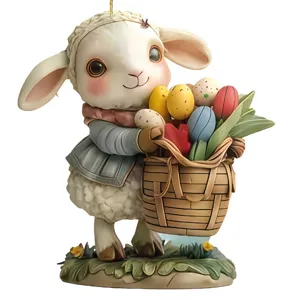 Cute Easter lamb hanging ornament with a basket of colorful eggs, perfect for car rearview mirror.