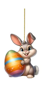 Cute Easter bunny holding a colorful egg, flat acrylic hanging ornament for car or bag decor.