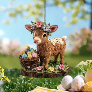 Acrylic Easter Calf Wreath Car Hanging Ornament 2D Flat Religious Virgin Mary Car Pendant Bag Charm Festival Gift