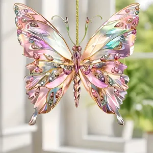 Colorful crystal butterfly acrylic hanging ornament for car rearview mirror or bag.