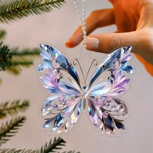 Christmas Acrylic Butterfly Car Rearview Mirror Pendant Colorful Crystal Hanging Ornament For Women Car Decor
