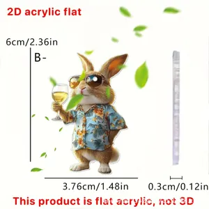 Detailed dimension view of the 2D acrylic flat cool rabbit charm, showing height, width and thickness.