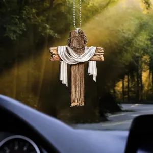 Pasqua Croce Specchietto Retrovisore Auto Ornamento Sospeso Acrilico Design Venatura Legno Pendente Decorativo Interno Accessorio Auto
