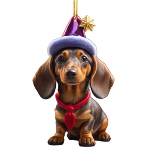 Dachshund dog Christmas tree ornament detail view, cute acrylic hanging pendant decoration.