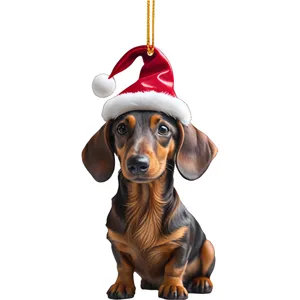 Cute dachshund wearing santa hat christmas tree hanging ornament and lovely car interior decor.