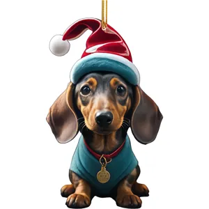 Christmas dachshund dog acrylic hanging ornament, cute 2d cartoon holiday tree decor pendant.